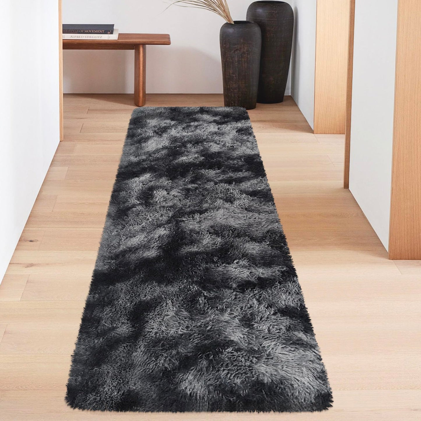 JiaoBaba Tie-Dyed Runner Rug for Bedroom Black Grey 2x6ft Fluffy Area Rug Bedside Runner Rug for Kids Room Boys Teens Nursery Baby Living Room Dorm Home Decor Carpets