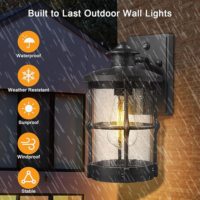 Outdoor Wall Sconces, Dusk to Dawn Outdoor Wall Lights, Exterior Wall Mount Lighting, Wall Light Fixture in Black Finish with Seeded Glass, 2 Pack, DDLTM-W-2Pack