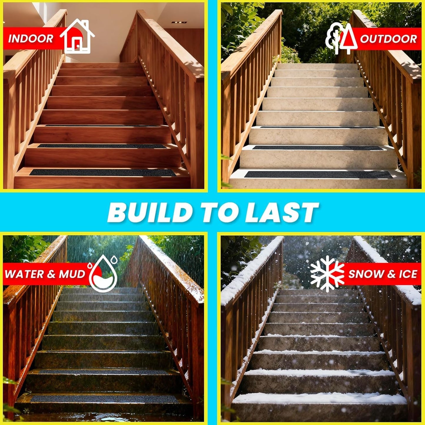 LifeGrip Outdoor Stair Treads Non-Slip 12 Pack, 6"X30" Waterproof Grip Tape for Wooden Steps, Deck, Porch - 80-Grit Adhesive Strips for Dogs, Kids & Elderly Safety
