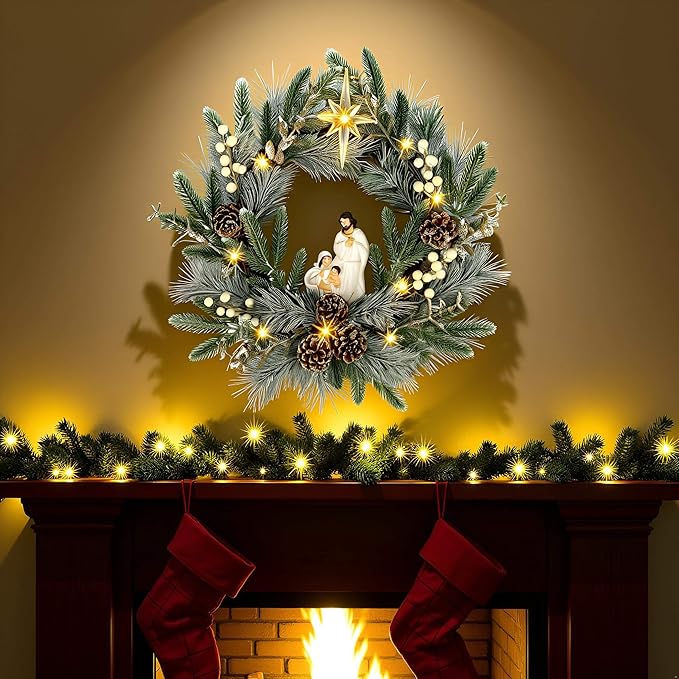 YULETIME 20" Pre-Lit Nativity Wreath, Battery Operated with 10 Fairy Lights, Holy Family Nativity Statue, Star of Bethlehem, Pine Cones, White Mistletoe, Frosted Spruce Branches (Nativity Frosted)