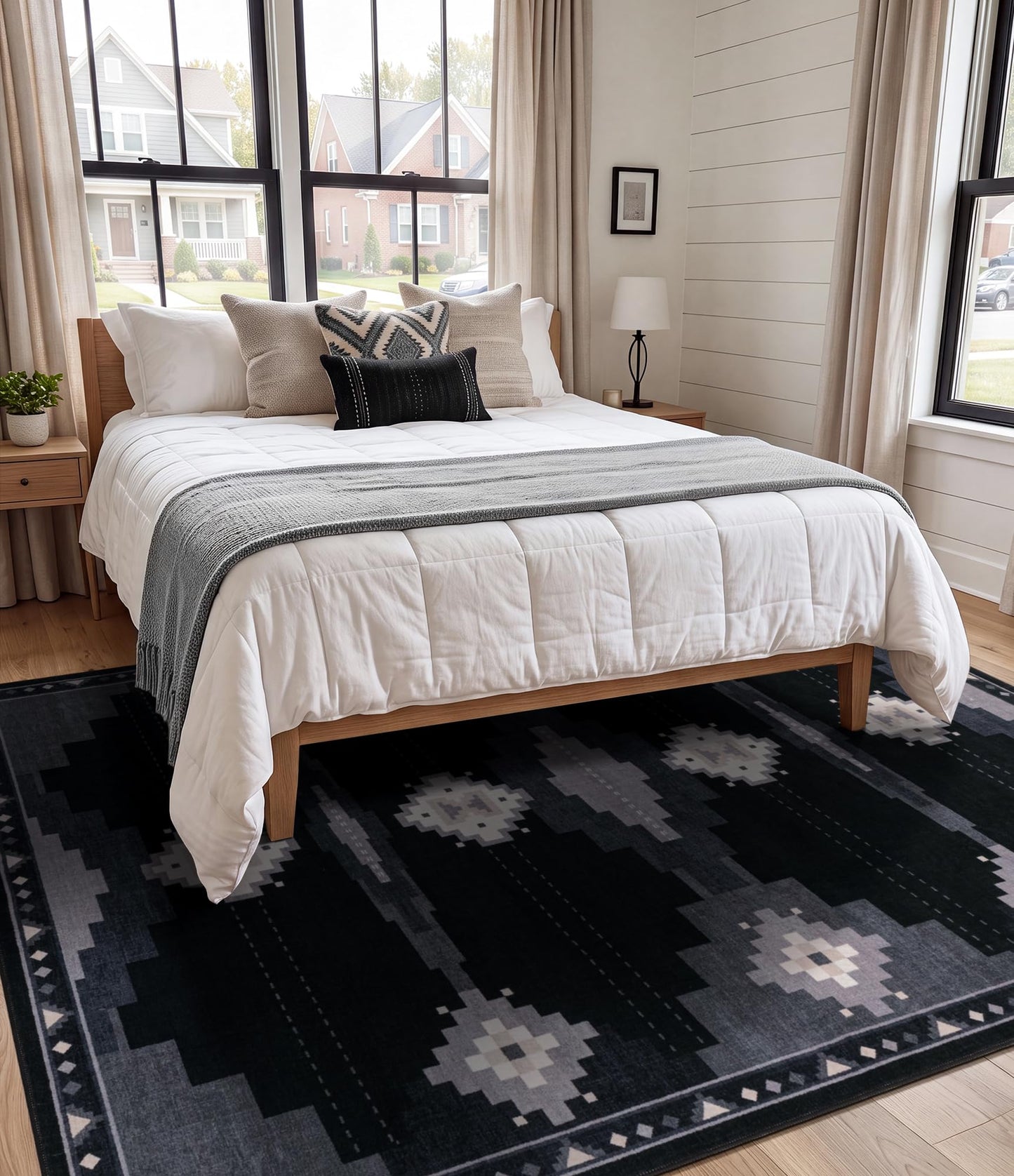 5'x7' Washable Area Rug for Living Room, Black and Grey Western Aztec Rug