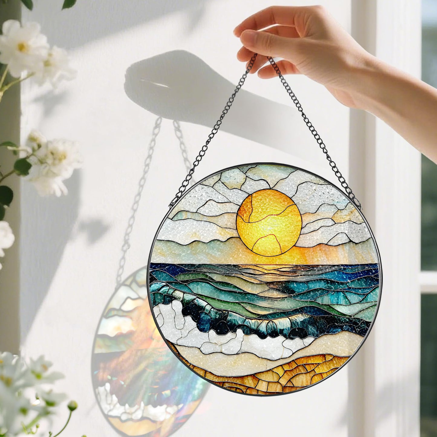 8-Inch Stained Glass Ornament, Stained Glass Window Hanging, Window Hanging Decor Suncatcher, Beach Sunset Ornament | Summer Vibes Gift | Gifts for Beach Lovers, Friend & Family