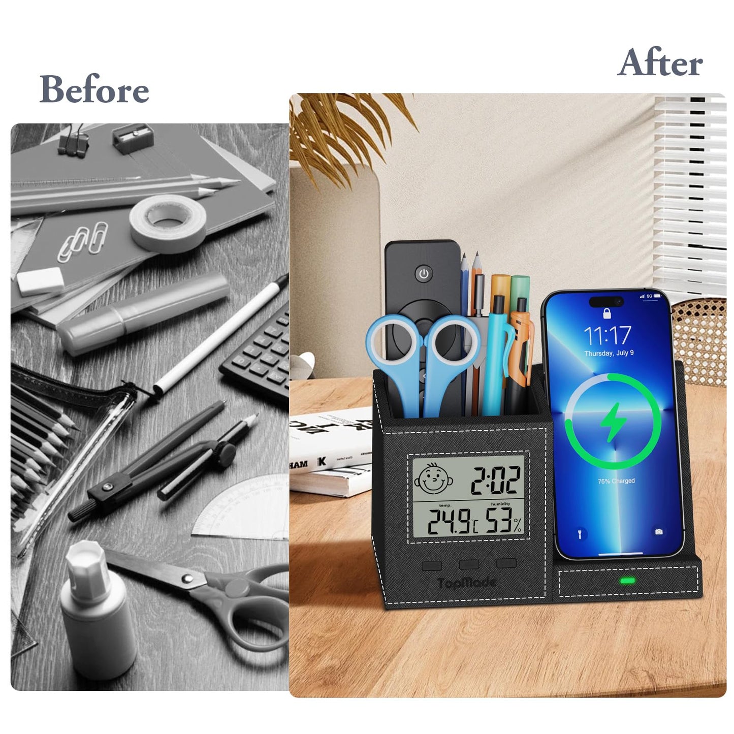 TopMade Wireless Charger with Pen Holder, Leather Desk Nightstand Organizer Home Office Supplies Pencil Holder Fast Charging Station, Digital Thermometer and Humidity Gauge Gifts for Men(Black)