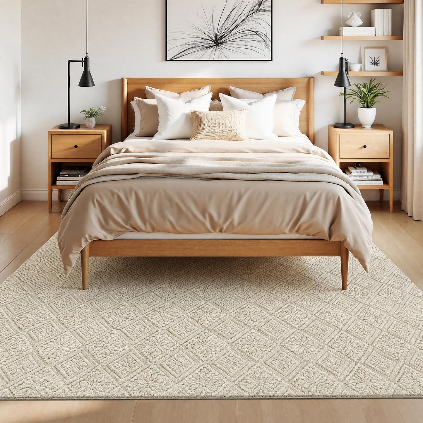 U'Artlines 6x9 Beige Washable Area Rug for Living Room, Soft Fluffy High Low Textured Carpet, Modern Neutral Geometric Non Slip Rugs for Bedroom Dining Room Kids Room