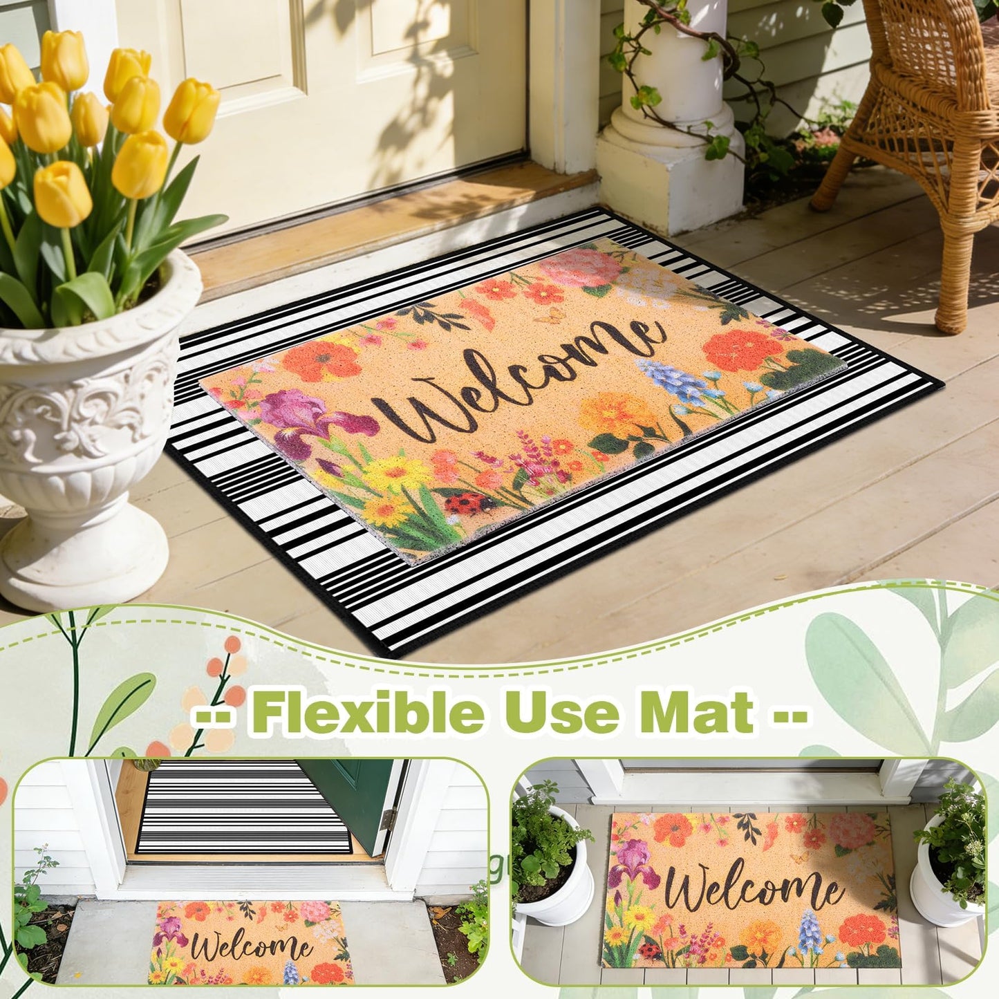 APUDWN 5 Pcs Interchangeable Doormat Set, 24x36 Large Buffalo Plaid Base Mat with 4 Seasonal Silk Loop Inserts, All-Season Non Slip Layered Front Door Welcome Mat for Entryway Outdoor Decor