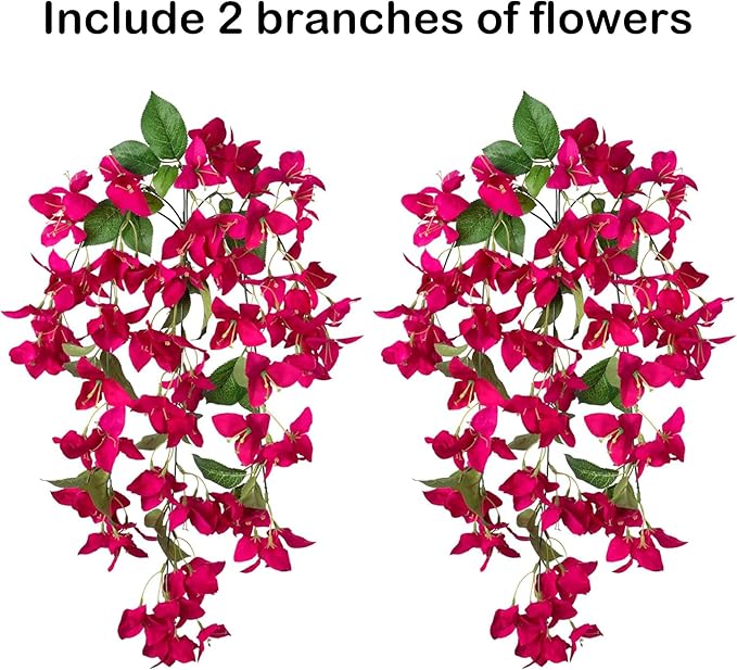 2PCS Bougainvillea Artificial Hanging Flowers Plants for Outdoors Outside Fall Decoration, Faux Silk Flowers Fake Vines UV Resistant Look Real Realistic for Front Door Porch Planter Balcony, Hotpink