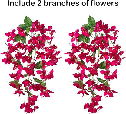 2PCS Bougainvillea Artificial Hanging Flowers Plants for Outdoors Outside Fall Decoration, Faux Silk Flowers Fake Vines UV Resistant Look Real Realistic for Front Door Porch Planter Balcony, Hotpink