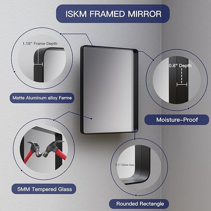 ISKM Silver Framed Mirror for Bathroom 55" x 36" Matte Bathroom Vanity Mirror Anti-Rust, Tempered Glass, Rounded Rectangle Mirror(Horizontal/Vertical)