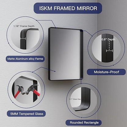 ISKM Black Framed Mirror for Wall 77"x 36", Large Bathroom Mirror Anti-Rust, Tempered Glass, Rounded Rectangle Mirror(Horizontal/Vertical)