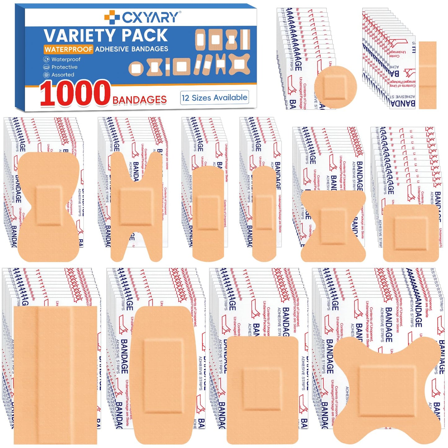 CXYARY 1000 Counts Assorted Bandages Bulk Variety Pack,12 Styles Flexible Heavy Duty Waterproof Bandages Individually Wrapped Used for Emergency Treatment and Skin Wound Care, Latex Free