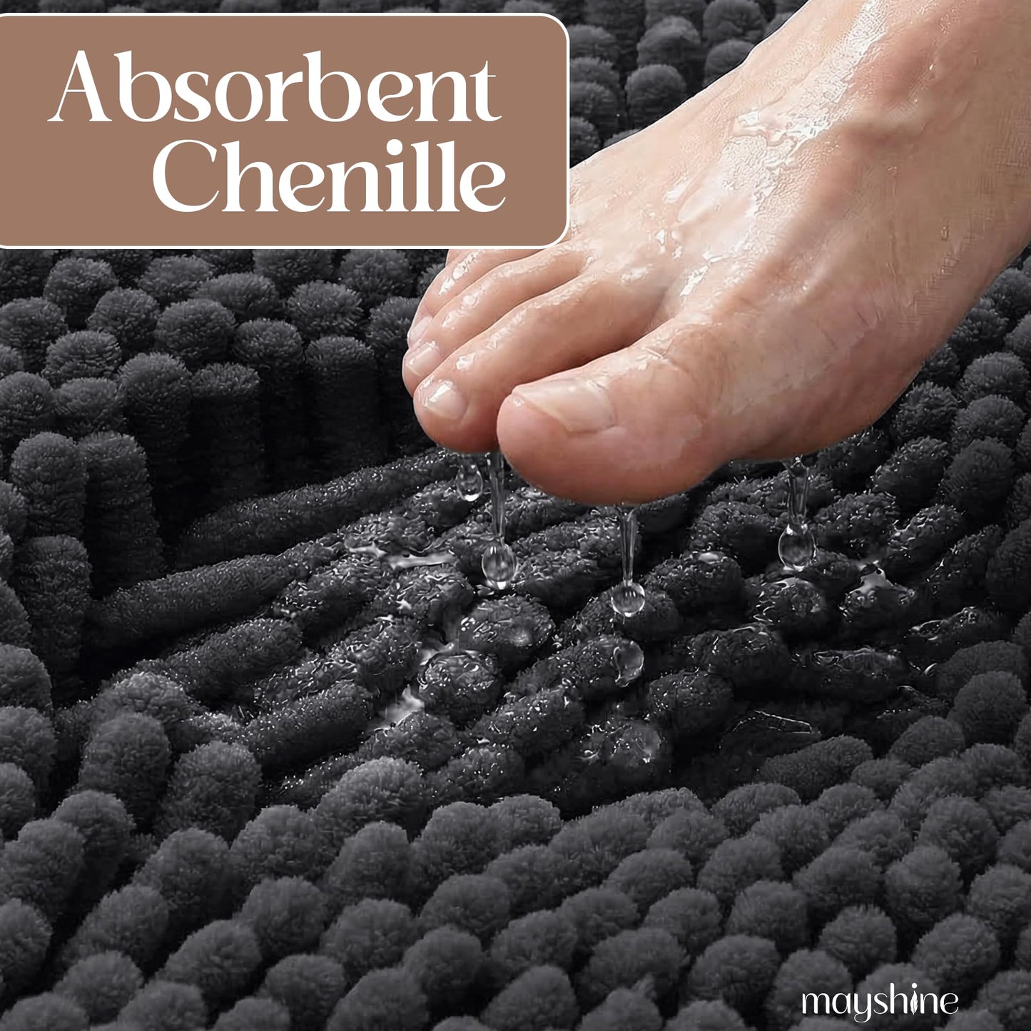 MAYSHINE Small Plush Shaggy Chenille Bath Mat 23"x14" Extra Soft, Super Absorbent, Non-Slip Bathroom Rug | Fluffy Microfiber, Area Rug Sets for Bathroom Floor, Kitchen, Living Room |Charcoal Gray