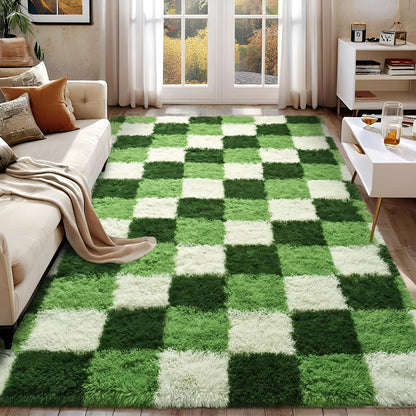 FALARK Fluffy Deep Green White Rugs for Bedroom, 4x6 Feet Checkered Rug for Living Room, Cute Shag Carpet for Kids Girls Room Nursery, Soft Shaggy Modern Indoor Carpets for Home Decor