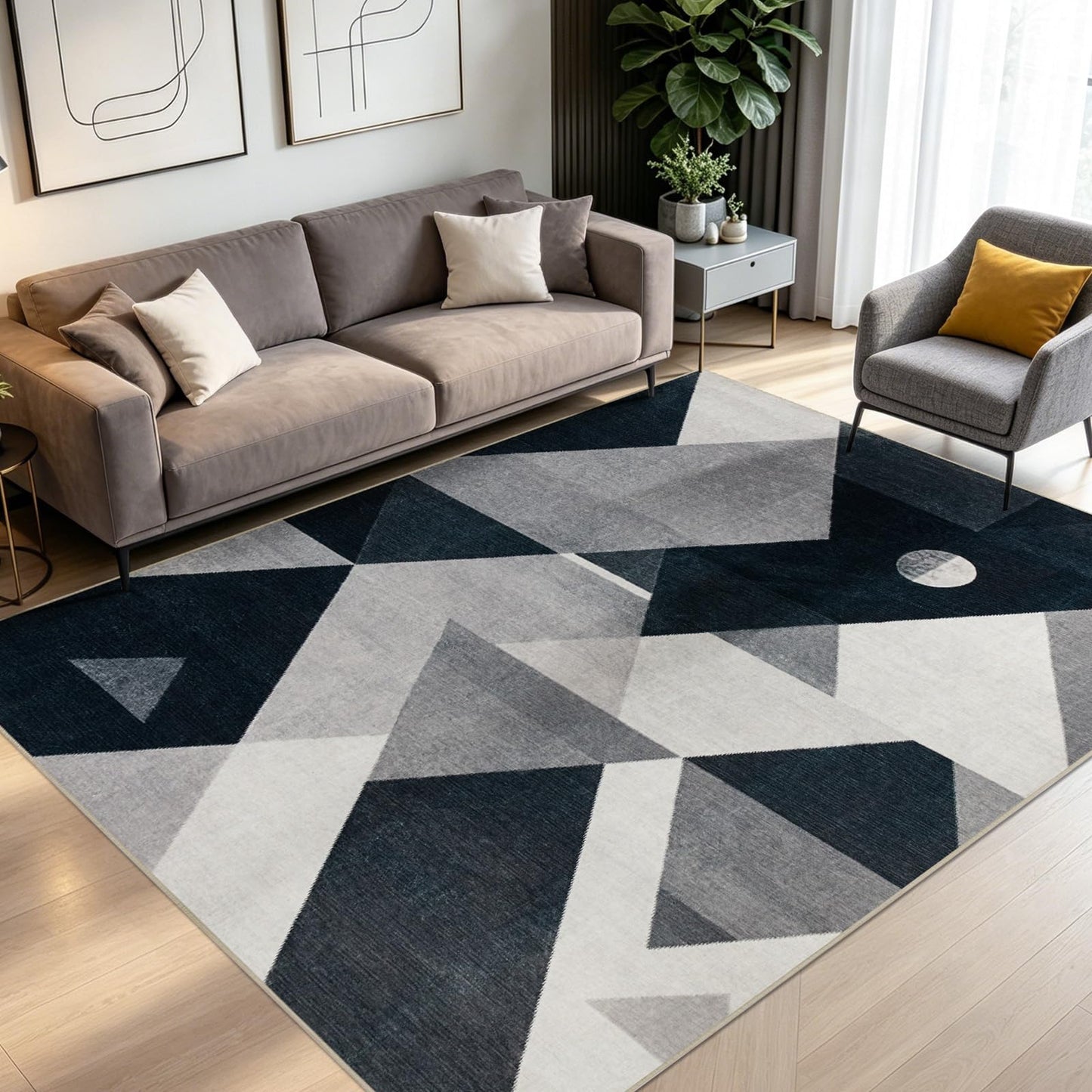 Joydeco 6x9 Washable Modern Rug for Living Room, Non-Slip Geometric Area Rug Low Pile Soft Carpet for Bedroom, Dining Room, Home Office, Pet & Child Friendly, White&Gray&Dark Gray