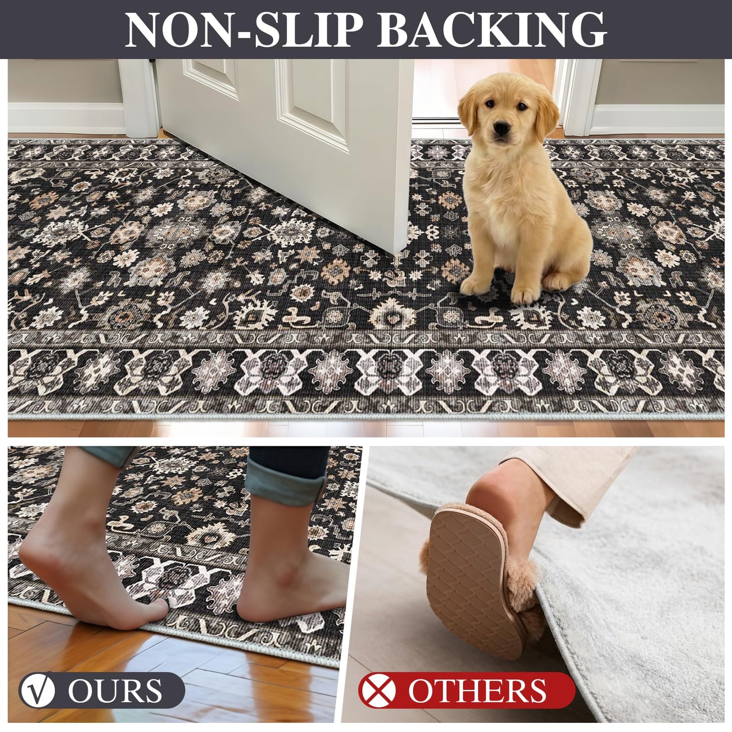 Washable 2x3 Area Rug for Entry Bathroom Kitchen Bedroom Carpet - Indoor Soft Non Slip Low Pile Throw Small Door mat - Protect Hardwood and Laminate Flooring Floral Farmhouse Decor 2x3 Black