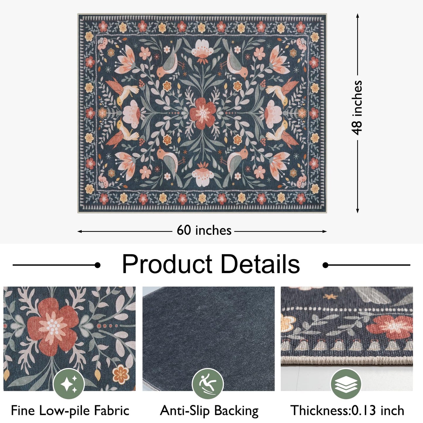 Anidaroel 48"x60" Office Chair Mat for Hardwood Floor/Tile, Black Floor Mat for Office Chairs, Anti-Slip Floral Under Desk Rug for Rolling Chairs, Bird Bug Low Pile Desk Chair Mats for Hardwood