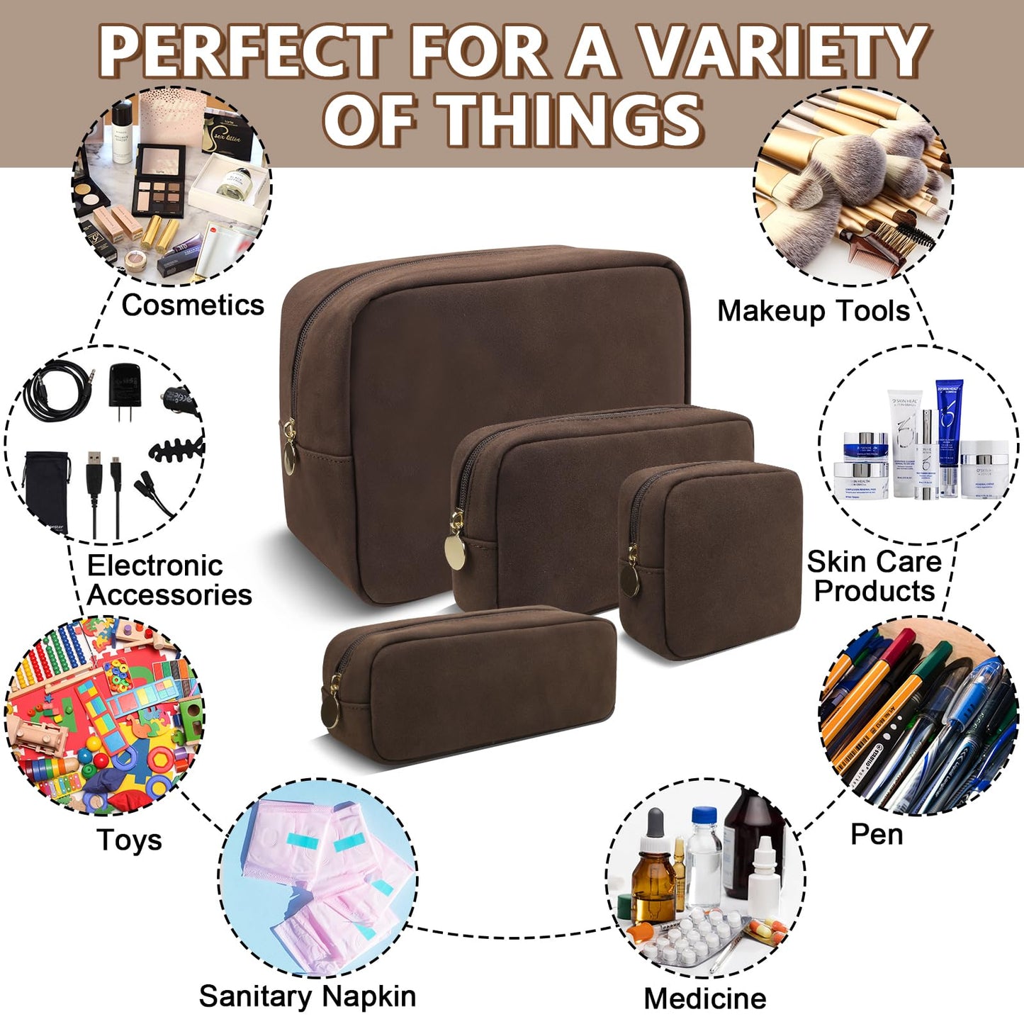 UIXIZQ Small Makeup Pouch for Purse, Suede Travel Toiletry Storage Pouch Cute Preppy Cosmetic Bag for Women Girls, Waterproof Makeup Organizer Skincare Bag Purse with Zipper (Small-Coffee)