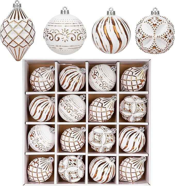16PCS Shatterproof Christmas Ball Ornaments Set, Hand-Painted Holiday Decor with Assorted Sizes & Designs for Christmas Tree Thanksgiving Party Decoration, Bronze-White