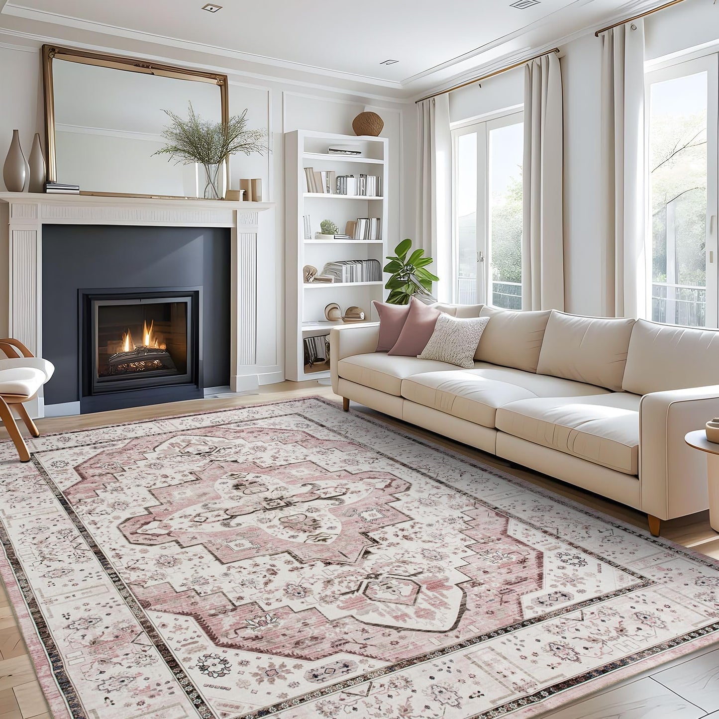 DECOMALL Maila Machine Washable Rugs 9x12ft, Traditional Oriental Pink Rug,Vintage Distressed Large Rugs Carpet for Living Room Bedroom