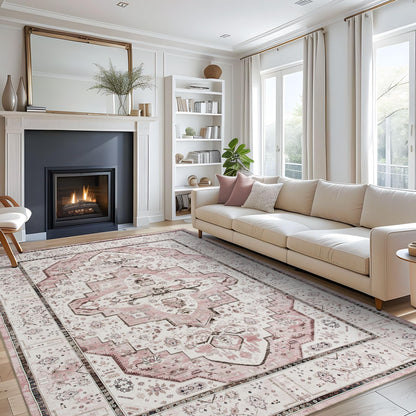 DECOMALL Maila Machine Washable Rugs 9x12ft, Traditional Oriental Pink Rug,Vintage Distressed Large Rugs Carpet for Living Room Bedroom