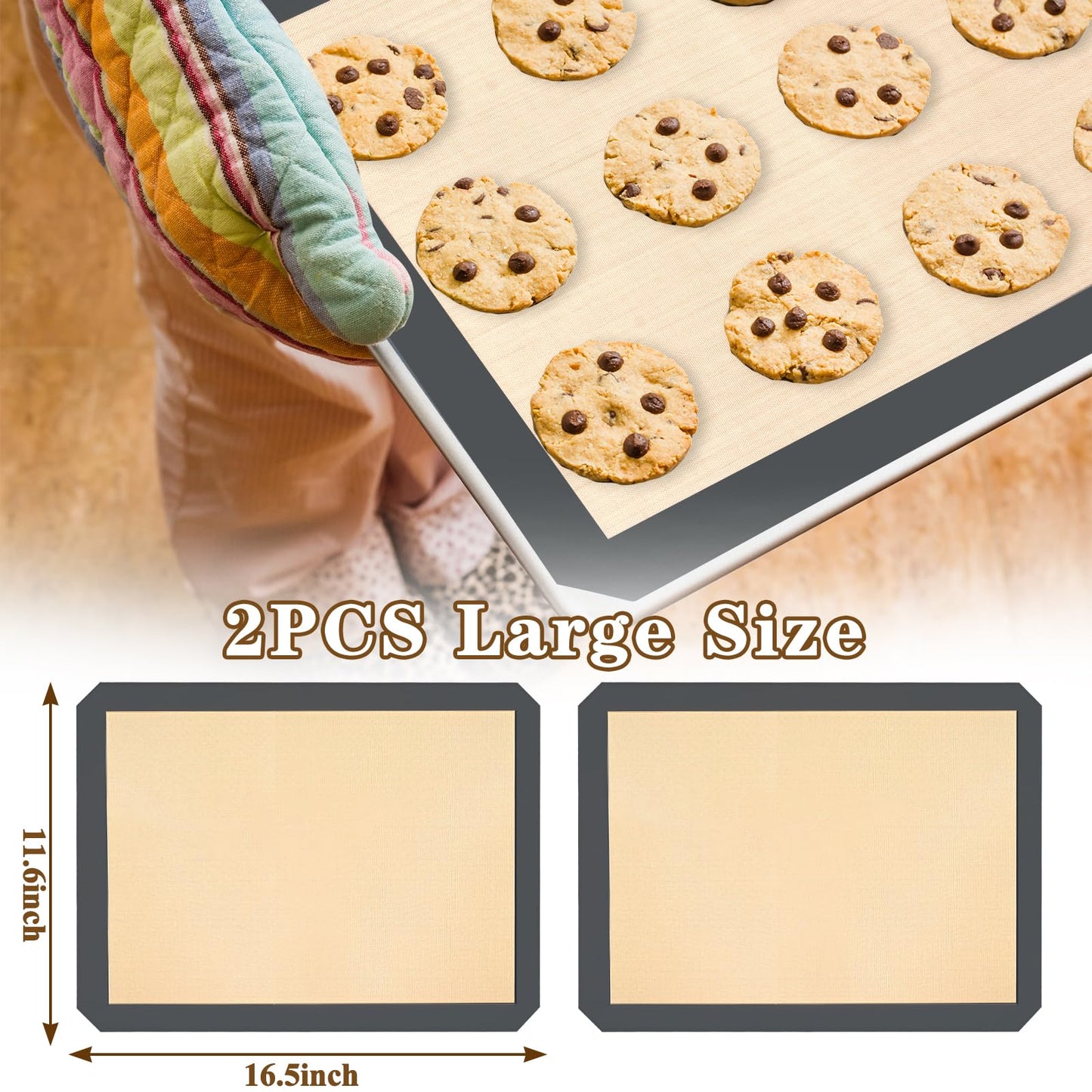 Ninsula Silicon Baking Mats, 16.5"x11.6" 2-Pack Reusable Silicon Baking Mat Sheet, Baking Sheets Non-Stick, Food Safe Baking Mats Can Be Used For Baking Cookies, Bread, Pizzas