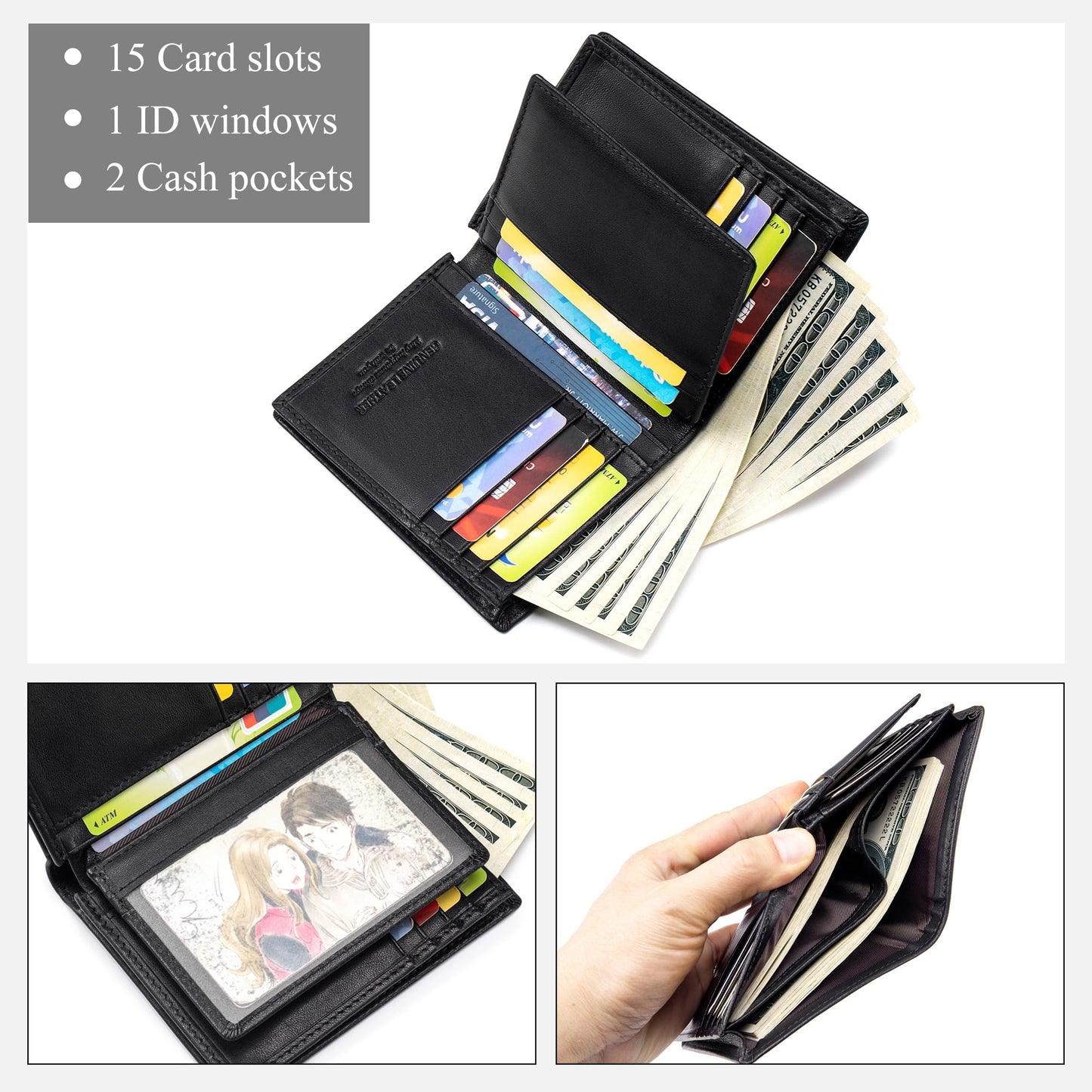 LUKZIJAES Genuine Leather Bifold Wallet for Men Rfid Blocking Large Capacity Vertical Wallets Mens with ID Window 15 Card Slots 2 Cash Pockets (Black)