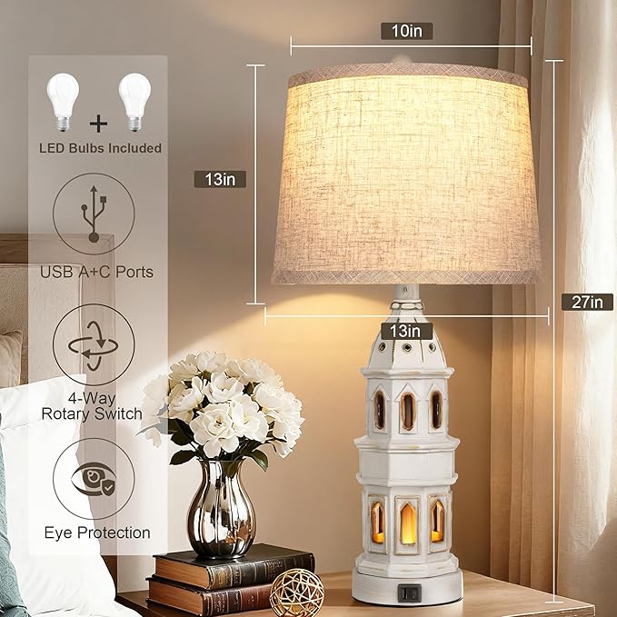 PARTPHONER Coastal Table Lamps Set of 2, Beach Lamps for Living Room with USB A+C, Nautical Lighthouse Lamps, Modern Bedside Nightstand for Bedroom, End Table and Reading