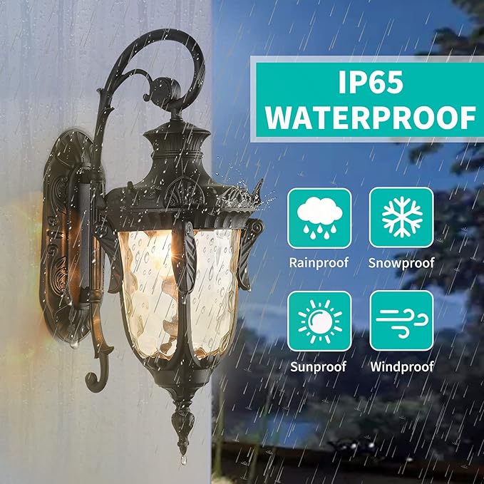 LONEDRUID Outdoor Wall Light Fixtures Black 16.93”H Exterior Wall Lantern Waterproof Sconce Porch Lights Wall Mount with Hammered Glass Shade for House