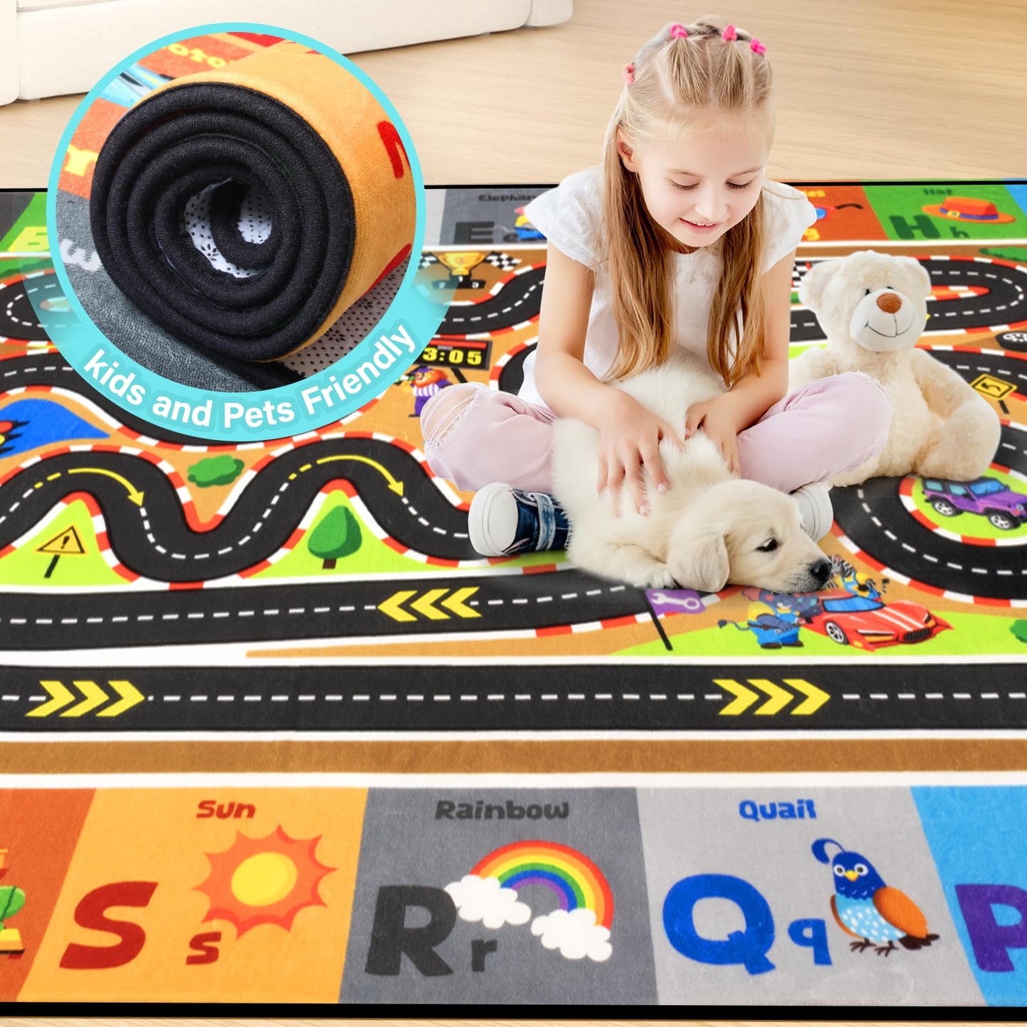 Diysani Race Track Rug, Car Road Rug for Kids, Non-Slip Kids Playroom Carpet, Washable Educational Carpt for Learning Alphabet, Animals, 6x9 feet