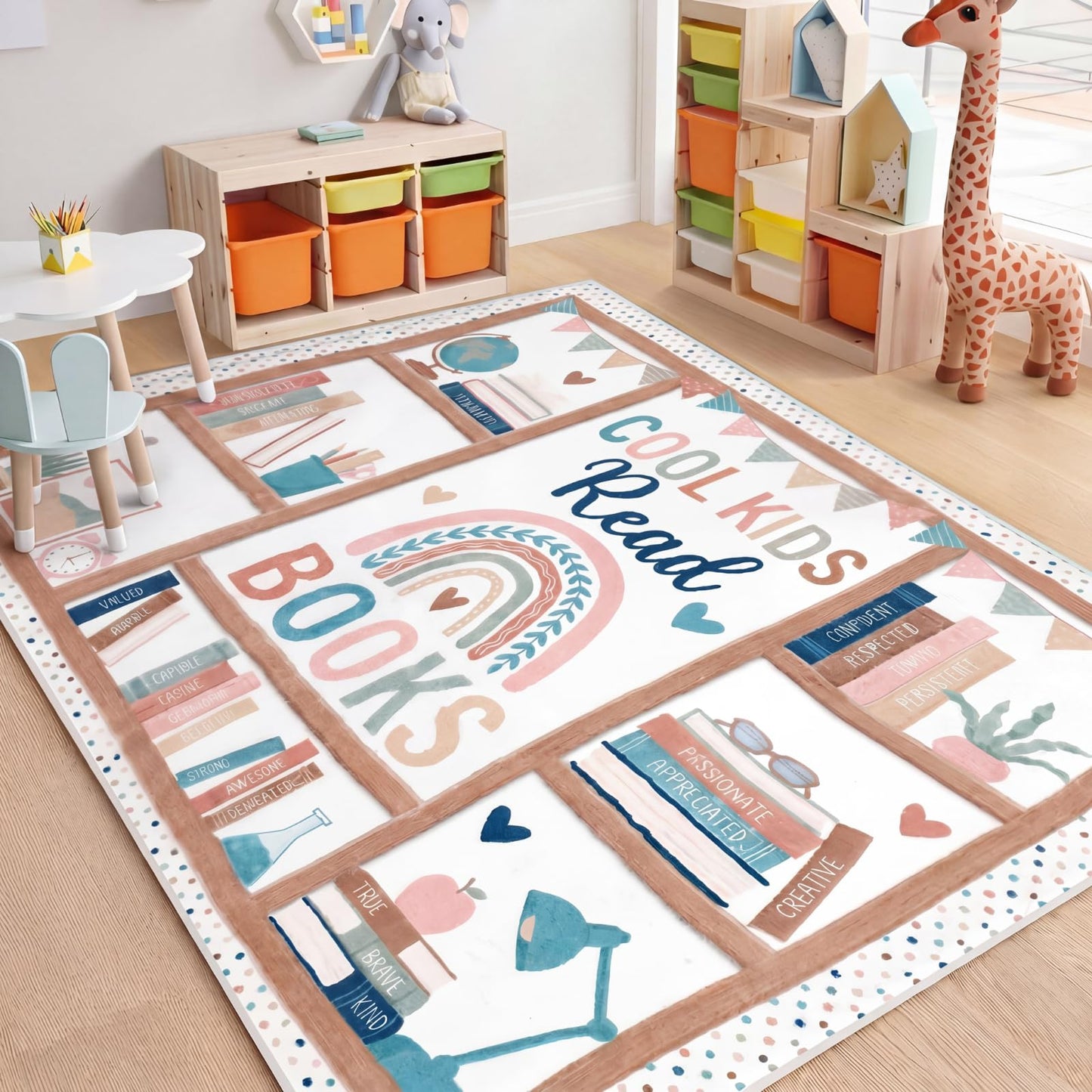 Klyyo Clyro 3.3 x 3.9 ft Boho Classroom Rug Library Reading Rug Calming Corner Mat Bookshelf Mental Health Area Washable Non Slip Soft Fluffy Carpet for School Bedroom Living Room Playroom