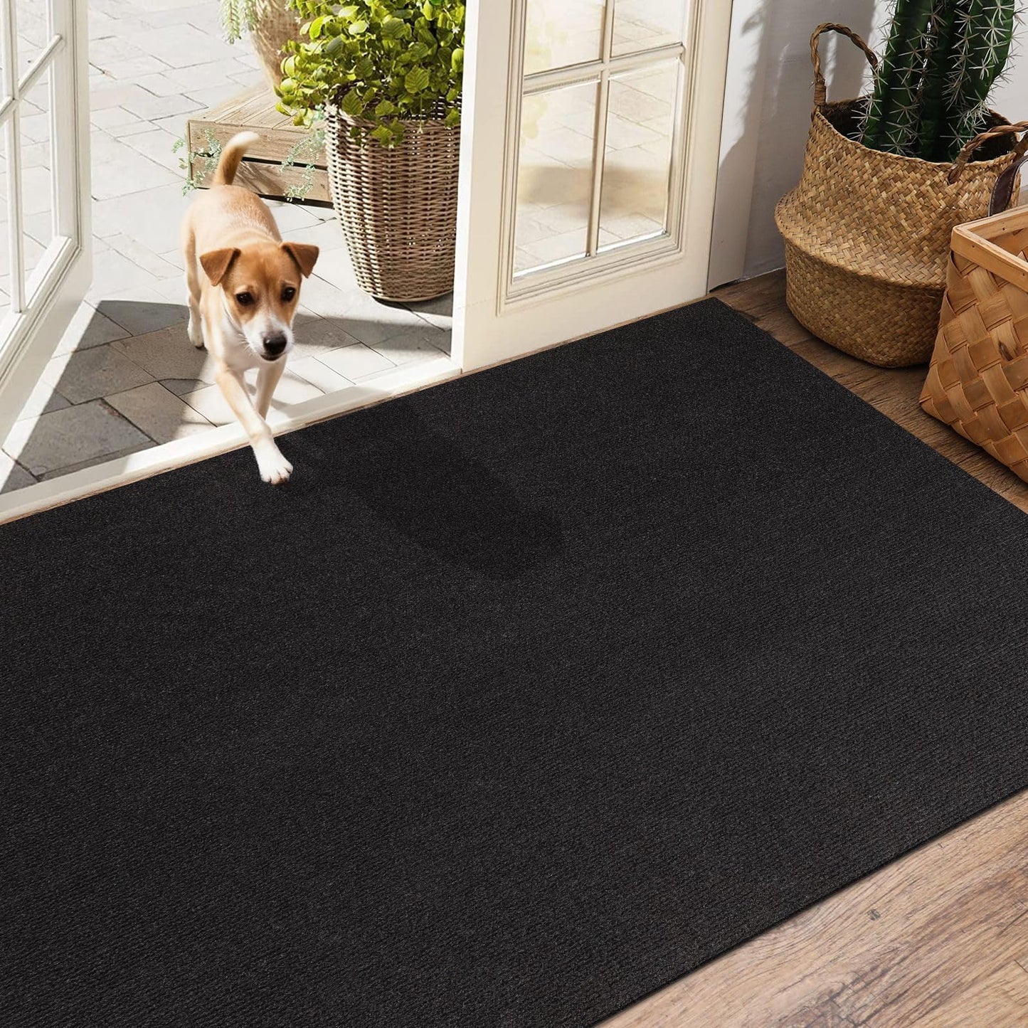 Outdoor Runner Rug 2 ft x 10 ft for Hallway with TPR Backing, Black Fine Stripes Non-Slip Indoor Runner Rugs Suitable for Balcony, Kitchen, Patio, Garage, Deck, Stair and Entryway Areas