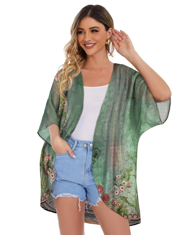 Women's Floral Print Puff Sleeve Kimono Cardigan Loose Cover Up Casual Blouse Tops(Army Green Floral,S)