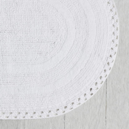 Laura Ashley Camilla 100% Cotton Oval Bath Mat with Crochet Border, Soft & Absorbent, Bright White 21" x 34" Bathroom Rug