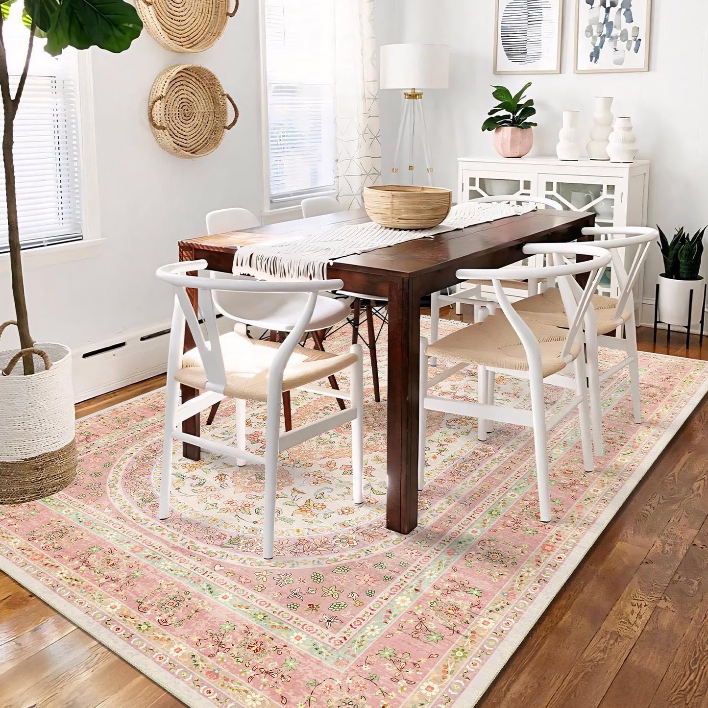 Castage 5x7 Area Rugs Washable,Pink Rug for Living Room Bedroom Kitchen,Large Boho Vintage Bohemian Distressed Farmhouse Carpet Non Slip,Blush Floral