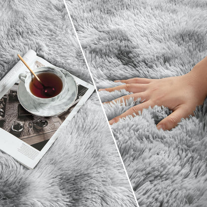 Deerhoo Large Shag Area Rugs 10 x 14, Tie-Dyed Plush Fuzzy Rugs for Living Room, Ultra Soft Fluffy Furry Rug for Bedroom, Anti-Skid Indoor Carpet Nursery Rugs for Kids Room Home Decor, Light Grey