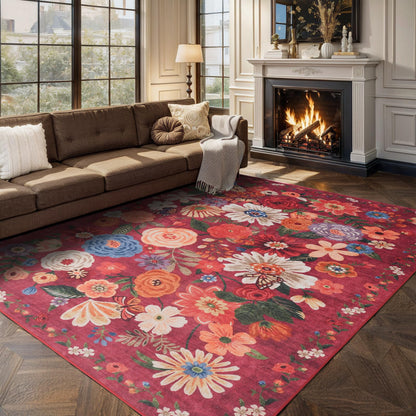 Babovid Area Rugs 10x14 for Living Room, Non Slip Machine Washable Floral Rugs, Low Pile Lightweight Large Rug for Bedroom, Dining Room, Home Office, Red Garden