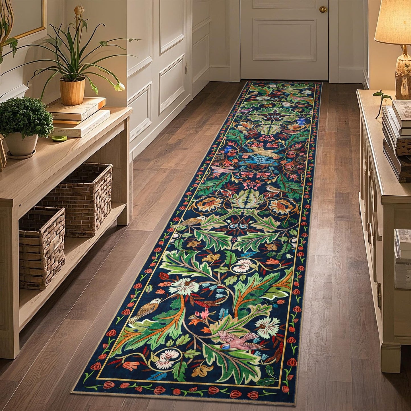 nesrt Botanical Runners for Hallways Kitchen Rug Non Slip 2x10, Long Washable Boho Jungle Runner Rugs, Soft Floral Forest Birds Carpet Runner for Hall, Laundry, Bedroom, Bathroom (Dark Green)