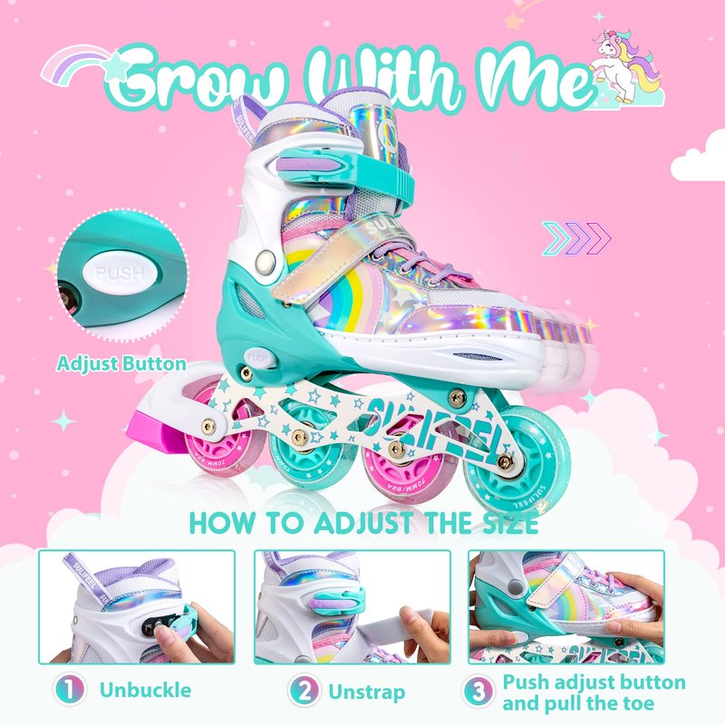 SULIFEEL Rainbow Unicorn Adjustable Inline Skates for Girls Boys and Kids with All Illuminating PU Wheels for Outdoor and Indoor Beginner Skates Medium
