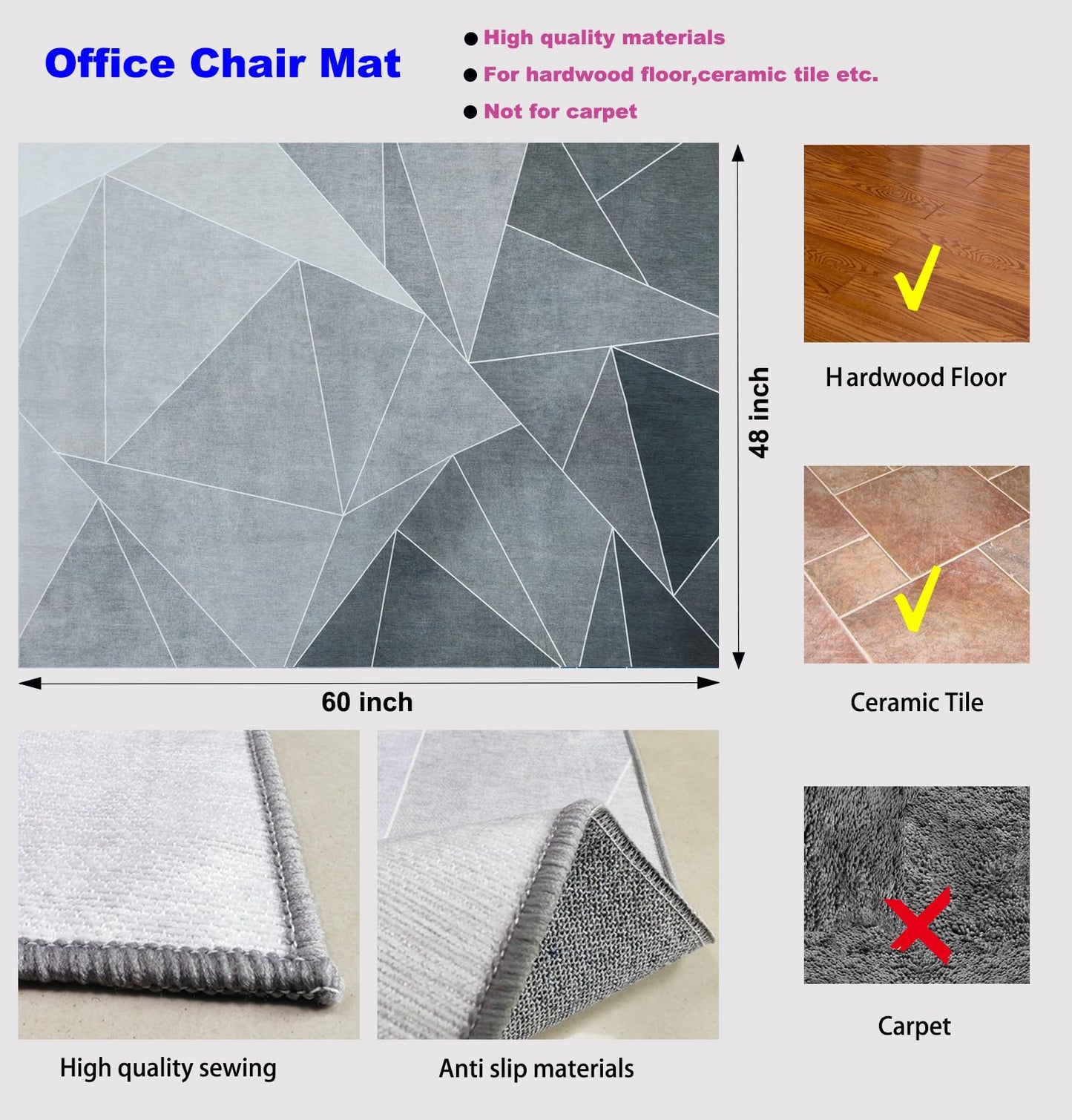 SAIKOOWA Office Chair Mat for Hardwood Floor,60“*48” Heavy Duty Floor Mat for Office Chair,Rolling Desk Chair Mat - 3.86lbs Anti-SlipChair Mat for Laminate/Tile Floor Black Grey