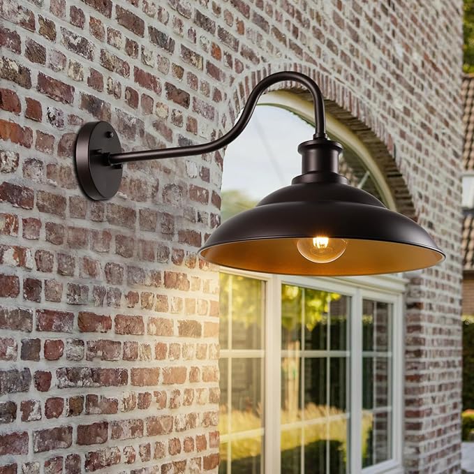 Dusk to Dawn Outdoor Gooseneck Barn Light Fixture, 16 Inch Dome Large Wall Sconce Farmhouse Exterior Wall Mount Light for House Garage Patio Doorway, 2 Pack