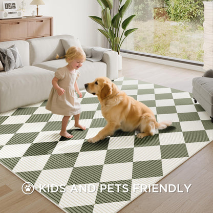 ARKIIKI 5x7 Washable Checkered Rugs for Bedroom, Green and White Area Rug for Living Room, Geometric Faux Wool Carpet for Kids, Girls, Boys Playroom, Dorm, Nursery, Dining Room, Kitchen, Non Slip