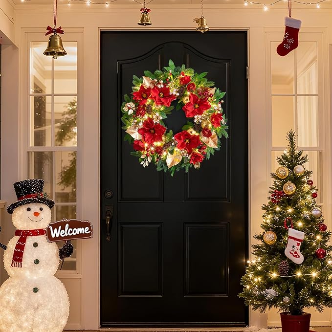 24 Inch Magnolia Christmas Wreath for Front Door, Christmas Wreath with LED Lights, Red Flowers, Red Berries, Pinecones Christmas Decorations，Winter Door Wreath for Wall Window Indoor or Outdoor