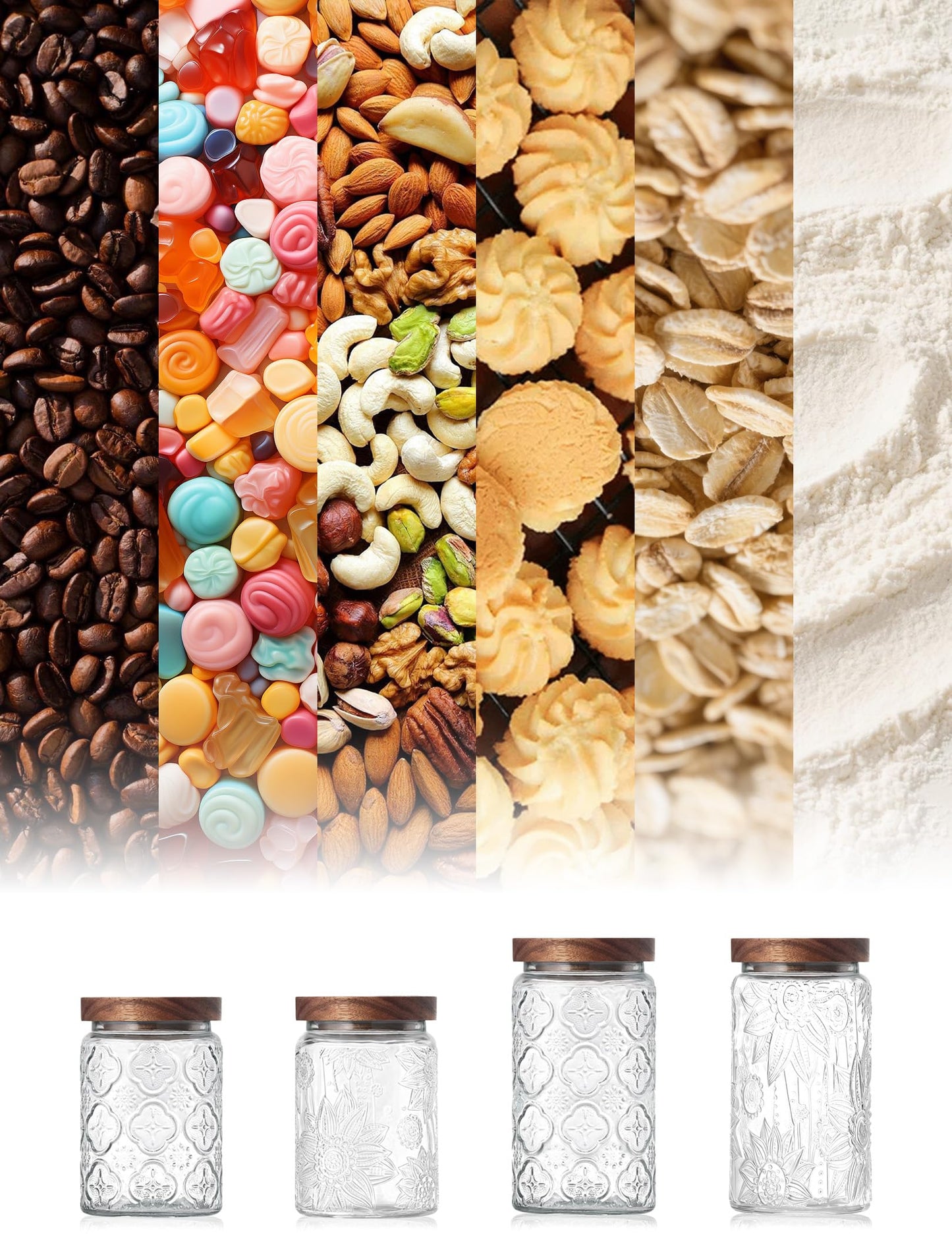 PENGSHU Vintage Glass Jar with Wood Lid - Christmas Airtight Canisters for Kitchen Countertop Bathroom, Storage Candy, Cookie, Coffee, Apothecary, Sugar, Flour,Pet Treat (Begonia, 34oz/1000ml)