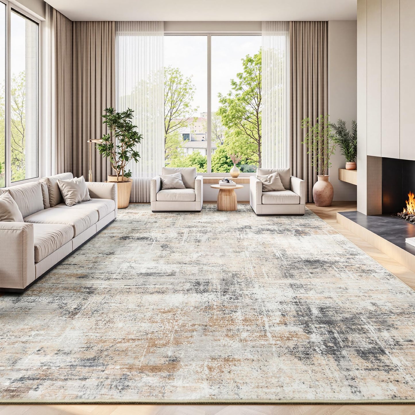 Lofus 9x12 Area Rug for Living Room,Gold Abstract Large Rugs with Non-Slip Backing, Neutral Modern Washable Carpet for Bedroom Dining Room Home Office Nursery Indoor