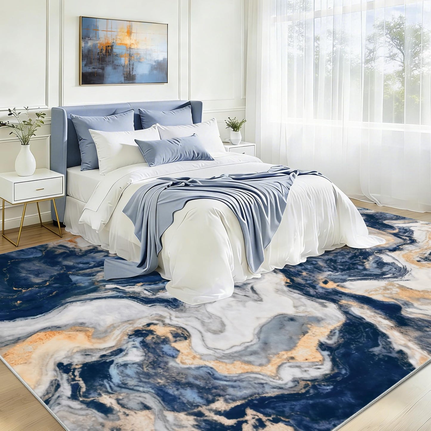 Yinhua Marble Area Rug 6x9, Modern Washable Rug Non Slip, Soft Faux Wool Abstract Rugs Non Shedding, Low Pile Living Room Rugs Pet Friendly, Blue and Gold Carpet for Bedroom Nursery Office