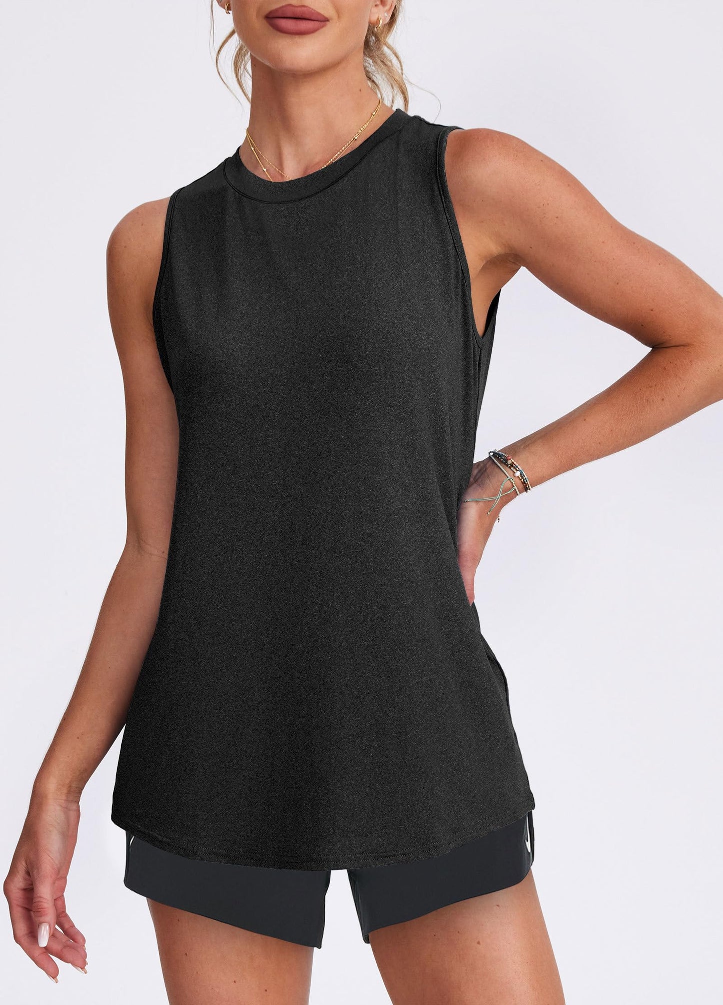 Women's Workout Tops Crew Neck Athletic Tank Tops Sleeveless Loose Fit Yoga Running Gym Shirts for Women Black L
