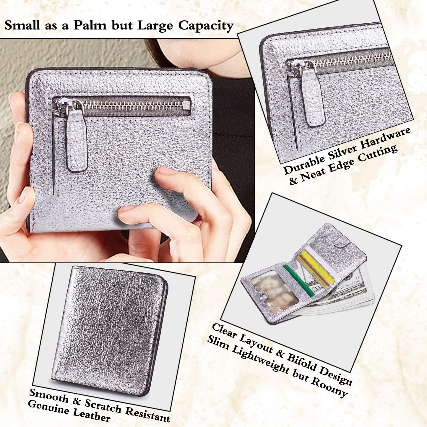 AINIMOER Small Leather Wallet for Women, Ladies Credit Card Holder RFID Blocking Women's Mini Bifold Pocket Purse, Silver