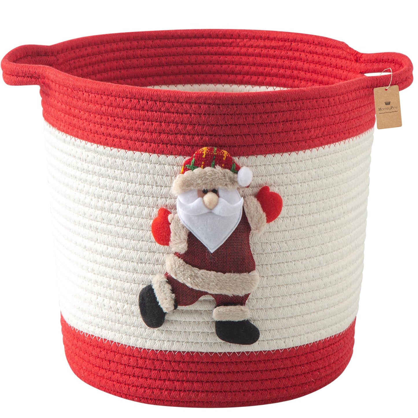 HomeyPine Christmas Basket with Santa Claus Doll, Woven Cotton Rope Christmas Storage Basket with Handles, Christmas Toy Baskets for Baby Towels, Diapers, Pet Toy Storage Basket, Red