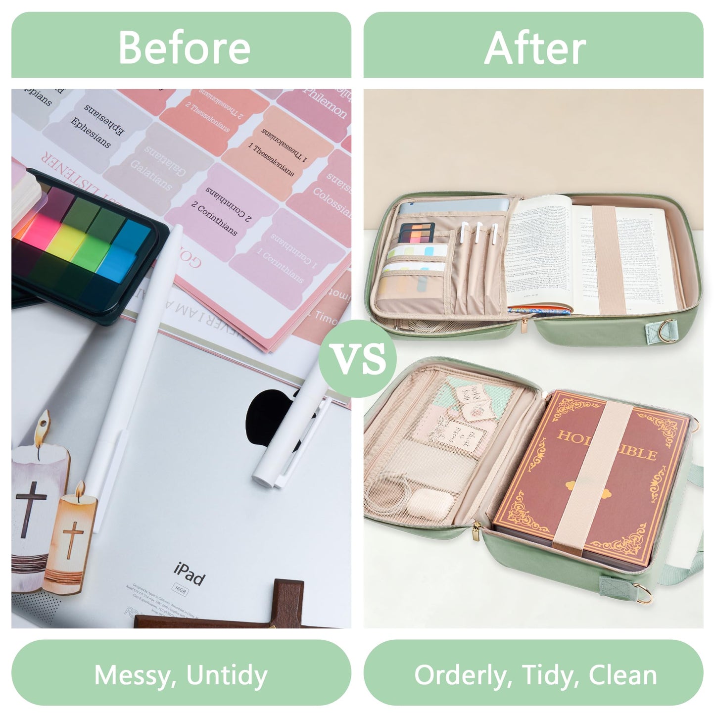 KarSyon Bible Cover for Women Study Supplies Bible Journaling Kit Pink Book Carrying Case with Bible Highlighters, Mothers Day Christian Gifts for Women (Sage Green, Large)