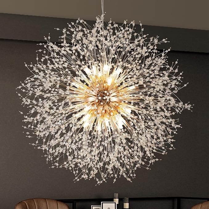Large Dandelion Crystal Chandeliers, 24-Light Crystal Firework Pendant Lighting, 120W Gold Sputnik Hanging Chandelier Light Fixtures for Living Room Hallway