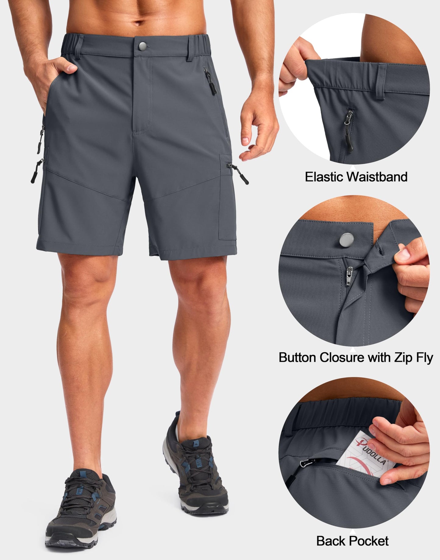 Pudolla Men's Hiking Cargo Shorts Lightweight 7" Travel Casual Shorts for Men Golf Work Outdoor with 5 Zipper Pockets(Deep Grey Medium)